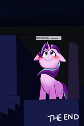Size: 1200x1800 | Tagged: safe, artist:zouyugi, starlight glimmer, pony, unicorn, comic:confession, blushing, comic, dialogue, grammar error, looking up, night, smiling, solo
