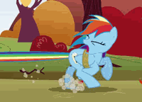 Size: 200x144 | Tagged: safe, derpibooru import, screencap, applejack, rainbow dash, earth pony, pegasus, pony, fall weather friends, animated, biting, dust, female, loop, mare, running, running of the leaves, tail bite, tail pull, zip lines