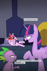 Size: 1200x1800 | Tagged: safe, artist:zouyugi, spike, starlight glimmer, twilight sparkle, twilight sparkle (alicorn), alicorn, dragon, pony, unicorn, comic:confession, bench, blushing, comic, dialogue, lying down