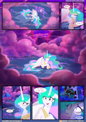 Size: 3500x4950 | Tagged: safe, artist:light262, artist:lummh, nightmare moon, princess celestia, queen chrysalis, alicorn, changeling, changeling queen, pony, comic:timey wimey, absurd resolution, cloud, color porn, comic, dialogue, eyes closed, full moon, implied princess luna, jewelry, knocked out, lidded eyes, long mane, long tail, mare in the moon, missing accessory, moon, mountain, necklace, oh crap face, open mouth, out cold, patreon, patreon logo, prone, puddle, reflection, scared, shadow, smiling, unconscious, waking up, wide eyes