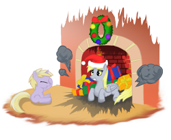 Size: 1753x1440 | Tagged: safe, artist:vittlevoom, derpy hooves, dinky hooves, pegasus, pony, chimney, christmas, duo, eyes closed, female, hat, mare, mother and child, mother and daughter, parent and child, present, santa hat