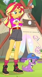 Size: 374x676 | Tagged: safe, screencap, spike, spike the regular dog, sunset shimmer, dog, equestria girls, legend of everfree, boots, camp everfree outfits, clothes, crossed arms, legs, mountain, shorts, socks, sun, tent, tree