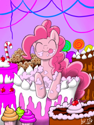Size: 850x1138 | Tagged: safe, artist:chocolatechilla, pinkie pie, earth pony, pony, :p, cake, candy cane, cherry, cupcake, cute, eating, eyes closed, frosting, leaning, licking lips, lollipop, messy, messy eating, muffin, pop out cake, smiling, solo, streamers, tongue out