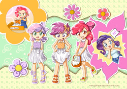 Size: 1299x917 | Tagged: safe, artist:nancysauria, apple bloom, babs seed, rarity, scootaloo, sweetie belle, human, child, clothes, cute, cutie mark crusaders, dress, dressup, humanized, observer, present, sandals