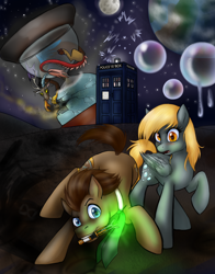 Size: 1710x2180 | Tagged: safe, artist:jitterbugjive, derpy hooves, discord, doctor whooves, pegasus, pony, bubble, doctor who, female, hourglass, mare, sonic screwdriver, tardis