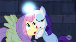 Size: 958x539 | Tagged: safe, screencap, fluttershy, rarity, pegasus, pony, unicorn, castle mane-ia, duo, eyes closed, female, glowing horn, hub logo, hubble, light spell, magic, mare, open mouth