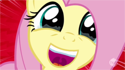 Size: 750x422 | Tagged: safe, edit, edited screencap, screencap, fluttershy, pegasus, pony, castle mane-ia, crying, cute, happy, hub logo, hubble, inverted mouth, shyabetes, smiling, solo, speed lines, tears of joy, the hub, uvula, wtf