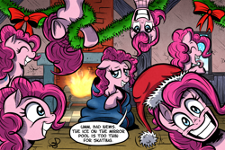 Size: 1500x1000 | Tagged: safe, artist:gray--day, pinkie pie, earth pony, pony, too many pinkie pies, blanket, christmas, clone, fun fun fun, hat, multeity, pinkie clone, santa hat