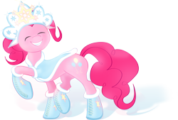 Size: 5689x3856 | Tagged: safe, artist:nicolaykoriagin, pinkie pie, earth pony, pony, boots, clothes, coat, crown, cute, eyes closed, grin, hat, hoof boots, jewelry, raised hoof, raised leg, regalia, russian, simple background, smiling, snegurochka, solo, sparkles, transparent background, winter, winter outfit