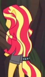 Size: 193x329 | Tagged: safe, screencap, sunset shimmer, equestria girls, legend of everfree, camp everfree outfits, clothes, cropped, ponied up, pony ears, ponytail, rear view, shorts, solo