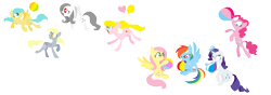 Size: 1023x362 | Tagged: safe, artist:violetandblaire, derpibooru import, fluttershy, pinkie pie, rainbow dash, rarity, oc, oc:albino fluttershy, oc:lola balloon, earth pony, pegasus, pony, unicorn, beach ball, blowing, chubby cheeks, floating, inflatable, inflation, levitation, magic, puffy cheeks