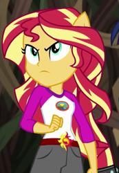 Size: 441x637 | Tagged: safe, screencap, sunset shimmer, equestria girls, legend of everfree, angry, camp everfree outfits, ponied up, pony ears, ponytail, solo, sun