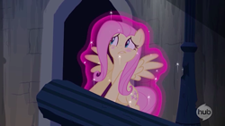 Size: 995x560 | Tagged: safe, fluttershy, pegasus, pony, castle mane-ia, blushing, cute, freeze spell, magic, shyabetes, solo