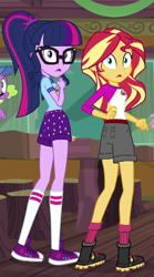 Size: 348x624 | Tagged: safe, screencap, sci-twi, spike, spike the regular dog, sunset shimmer, twilight sparkle, dog, equestria girls, legend of everfree, camp everfree outfits, cropped, female, glasses, hat, looking back, male