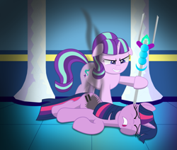 Size: 1827x1551 | Tagged: safe, artist:spellboundcanvas, starlight glimmer, twilight sparkle, alicorn, pony, unicorn, bad end, burn, de-alicornification, defeated, duo, equal cutie mark, equality, equalized, lying down, nightmare fuel, on side, s5 starlight, staff, the bad guy wins, this will end in communism, victorious villain, xk-class end-of-the-world scenario