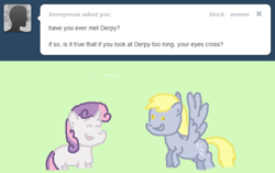 Size: 500x313 | Tagged: safe, derpy hooves, sweetie belle, pegasus, pony, ask, ask sweetie belle, female, mare, tumblr