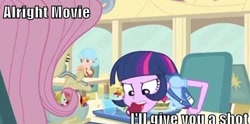 Size: 500x247 | Tagged: safe, derpibooru import, edit, edited screencap, screencap, fluttershy, twilight sparkle, equestria girls, equestria girls (movie), apple, food, image macro, mouth hold