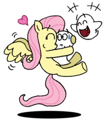 Size: 271x310 | Tagged: safe, artist:chocend, fluttershy, ghost, pegasus, pony, boo (super mario), crack shipping, crossover, crossover shipping, cute, female, heart, hug, mare, shipping, simple background, super mario bros., sweatdrop, trio, white background