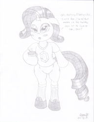 Size: 2552x3316 | Tagged: safe, artist:mc-ryan, rarity, pony, unicorn, bipedal, clothes, monochrome, morning ponies, sleepy, slippers, socks, solo, t-shirt, tea