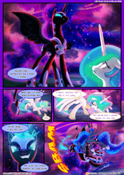 Size: 3500x4950 | Tagged: safe, artist:light262, artist:lummh, nightmare moon, princess celestia, princess luna, alicorn, pony, comic:timey wimey, absurd resolution, color porn, comic, dialogue, eyes closed, hitting, magic, open mouth, rescue, restrained, speech bubble