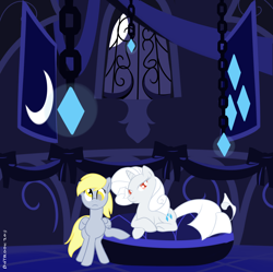 Size: 2352x2345 | Tagged: safe, artist:dotrook, derpy hooves, rarity, pegasus, pony, unicorn, albino, alternate hairstyle, alternate universe, crescent moon, fanfic art, female, mare, moon, prone