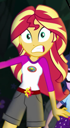 Size: 355x642 | Tagged: safe, screencap, sci-twi, sunset shimmer, twilight sparkle, equestria girls, legend of everfree, camp everfree outfits, clothes, cropped, faic, glasses, shorts, sun