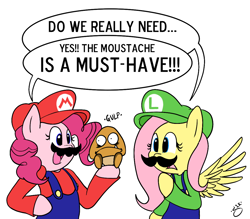 Size: 1072x937 | Tagged: safe, artist:silver1kunai, fluttershy, pinkie pie, earth pony, pegasus, pony, bad pun, crossover, goomba, luigi, mario, moustache, nintendo, pun, super mario bros.