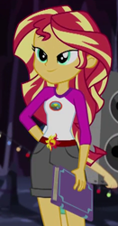 Size: 235x449 | Tagged: safe, screencap, flash sentry, sunset shimmer, equestria girls, legend of everfree, book, camp everfree outfits, cropped, crystal gala, legend you were meant to be, lidded eyes, lights, smiling, solo, sun