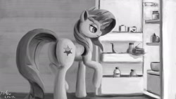 Size: 1920x1080 | Tagged: safe, artist:pinkietrash, sunset shimmer, pony, banana, cake, food, grayscale, magic, monochrome, raised hoof, refrigerator, solo, telekinesis