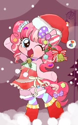 Size: 1208x1920 | Tagged: safe, artist:momo, pinkie pie, earth pony, pony, alternate hairstyle, askharajukupinkiepie, bell, bipedal, bow, christmas, clothes, cute, diapinkes, dress, hair bow, hat, holiday, one eye closed, pigtails, santa hat, solo, wink