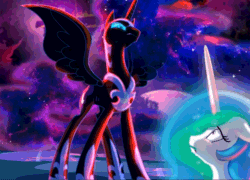 Size: 750x539 | Tagged: safe, artist:equum_amici, artist:light262, artist:lummh, nightmare moon, princess celestia, alicorn, pony, comic:timey wimey, absurd file size, absurd gif size, animated, cinemagraph, color porn, comic, ethereal mane, gif, magic, open mouth, restrained, trembling