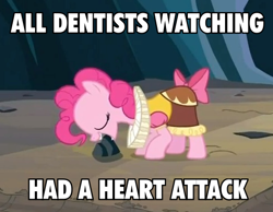 Size: 490x380 | Tagged: safe, edit, edited screencap, screencap, chancellor puddinghead, pinkie pie, earth pony, pony, hearth's warming eve (episode), cropped, hearth's warming eve, image macro, mouth hold, rock, solo