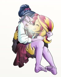 Size: 2202x2778 | Tagged: safe, artist:manifest harmony, sci-twi, sunset shimmer, twilight sparkle, fanfic:clocktower society, equestria girls, barefoot, bridal carry, carrying, clothes, crystal prep academy uniform, cute, explicit source, fanfic art, feet, female, happy, hug, lesbian, romance, romantic, school uniform, scitwishimmer, shimmerbetes, shipping, sunsetsparkle, twiabetes