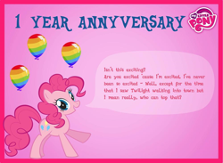 Size: 1000x733 | Tagged: safe, pinkie pie, earth pony, pony, anniversary, balloon, birthday, game, gameloft, my little pony logo, solo, stock vector, text