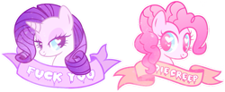 Size: 1015x417 | Tagged: safe, artist:disfiguredstick, pinkie pie, rarity, earth pony, pony, unicorn, banner, bedroom eyes, bust, dissonant caption, heart, heart eyes, looking at you, mouthpiece, old banner, simple background, smiling, subversive kawaii, text, transparent background, vulgar