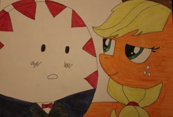 Size: 900x612 | Tagged: safe, artist:space-scares-me, applejack, earth pony, pony, adventure time, crack shipping, crossover, crossover shipping, female, male, peppermint butler, shipping, straight, traditional art