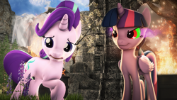 Size: 1280x720 | Tagged: safe, artist:redaceofspades, starlight glimmer, twilight sparkle, twilight sparkle (alicorn), alicorn, pony, unicorn, 3d, corrupted twilight sparkle, dark magic, duo, female, magic, mare, smiling, sombra eyes, source filmmaker