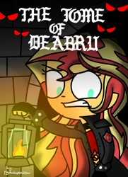 Size: 999x1378 | Tagged: safe, artist:psychodiamondstar, sunset shimmer, comic:the tome of deabru, equestria girls, alternate universe, clothes, comic, cover art, fingerless gloves, gloves, glowing eyes, gothverse, gritted teeth, jacket, lantern, red eyes, solo