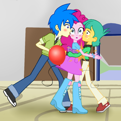 Size: 866x865 | Tagged: safe, artist:asdf314159265, pinkie pie, snails, oc, oc:rob stallion, equestria girls, balloon, balloon popping, boots, bracelet, canon x oc, clothes, high heel boots, jewelry, kiss on the cheek, kiss sandwich, kissing, skirt