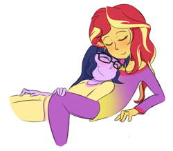 Size: 868x760 | Tagged: safe, artist:jase1505, sci-twi, sunset shimmer, twilight sparkle, series:sunlight horizons, equestria girls, clothes, cuddling, eyes closed, female, glasses, lesbian, pajamas, scitwishimmer, shipping, simple background, smiling, sunsetsparkle