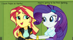 Size: 300x168 | Tagged: safe, edit, edited screencap, screencap, rarity, sunset shimmer, comic:a new change, equestria girls, friendship games, bad edit, bracelet, clothes, cute, jacket, jewelry, leather jacket, lockers, looking at each other, picture for breezies, sick