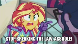 Size: 800x450 | Tagged: safe, screencap, sci-twi, sunset shimmer, twilight sparkle, equestria girls, friendship games, angry, exploitable meme, image macro, jim carrey, liar liar, meme, sunset yells at twilight, vulgar