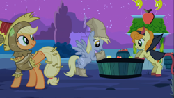 Size: 1366x768 | Tagged: safe, screencap, applejack, carrot top, derpy hooves, golden harvest, earth pony, pegasus, pony, luna eclipsed, female, mare, scrunchy face