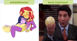 Size: 600x325 | Tagged: safe, sci-twi, sunset shimmer, twilight sparkle, equestria girls, david schwimmer, female, friends, lesbian, ross (friends), scitwishimmer, shipping, sunsetsparkle, wordplay