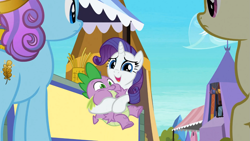 Size: 1365x768 | Tagged: safe, screencap, rarity, spike, dragon, pony, unicorn, the crystal empire, bad poker face