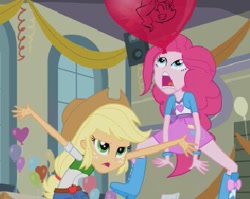 Size: 341x271 | Tagged: safe, screencap, applejack, pinkie pie, sunset shimmer, equestria girls, equestria girls (movie), arms spread out, balloon, boots, bracelet, clothes, cowboy hat, denim skirt, female, hat, high heel boots, jewelry, jumping, open mouth, skirt, stetson, wat