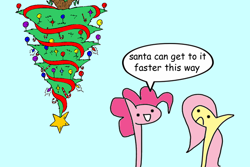 Size: 600x400 | Tagged: safe, artist:wollap, fluttershy, pinkie pie, earth pony, pegasus, pony, christmas, christmas tree, tree