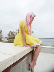 Size: 720x960 | Tagged: safe, artist:terezigrell, fluttershy, human, barefoot, cosplay, feet, irl, irl human, photo, sitting, solo