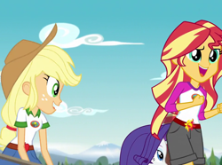 Size: 966x720 | Tagged: safe, screencap, applejack, rarity, sunset shimmer, equestria girls, legend of everfree, camp everfree outfits, clothes, cropped, embrace the magic, eyes on the prize, mountain, shorts, tree