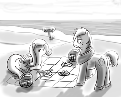 Size: 1000x800 | Tagged: safe, artist:thorheim, big macintosh, fluttershy, earth pony, pegasus, pony, beach, fluttermac, male, monochrome, picnic, shipping, stallion, straight